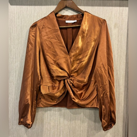LUSH Rust Orange Satin Long Sleeve Blouse with Tie Front - Picture 1 of 5
